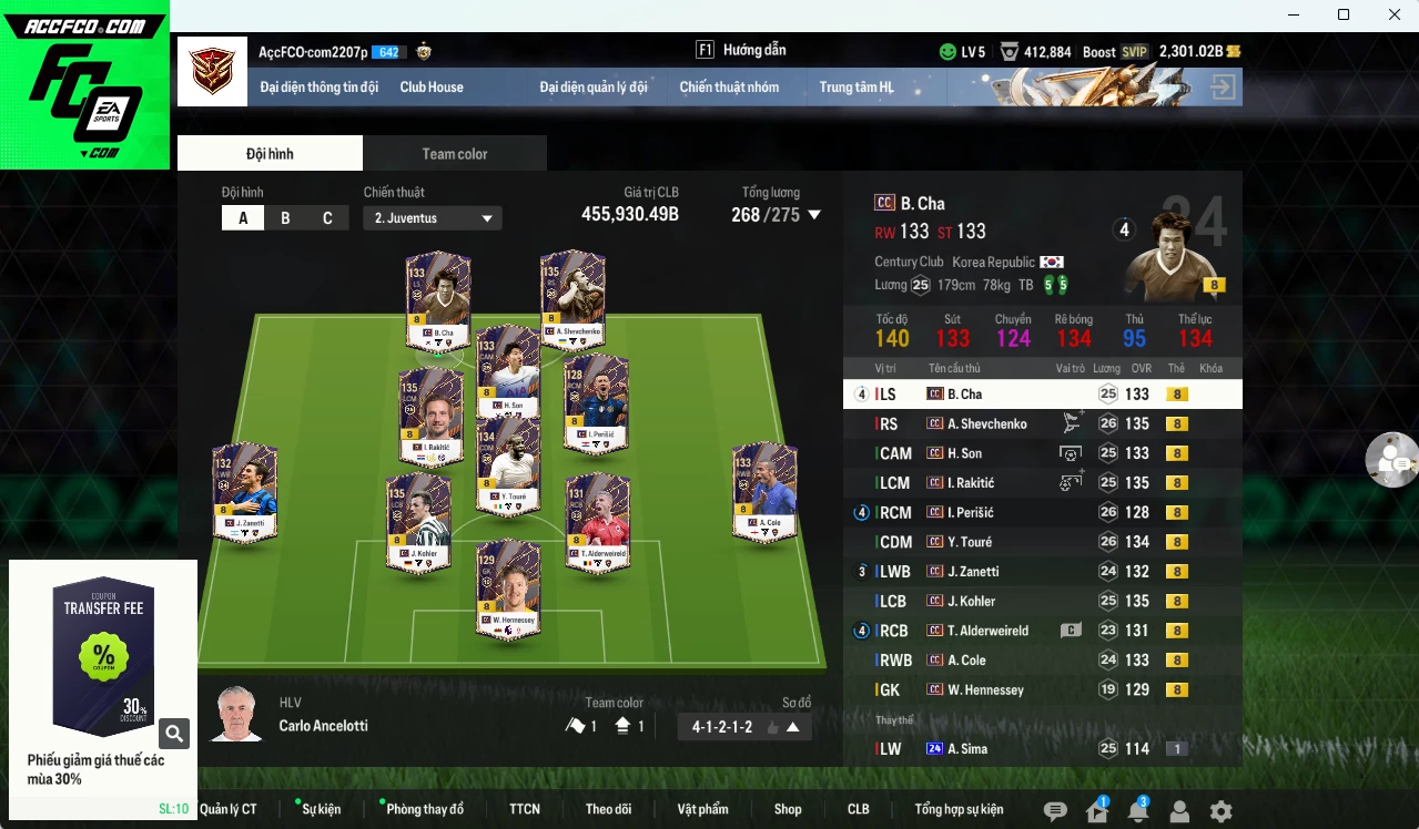 [ACC Rẻ🔥] Full mùa CC+8 455.930b có Sheva, Perisic, Touré, Rakitic, H. Son, Kohler, B. Cha, Zanetti, A. Cole, Alderweireld... CC+8 . Còn nhiều SVIP, HLV Xịn